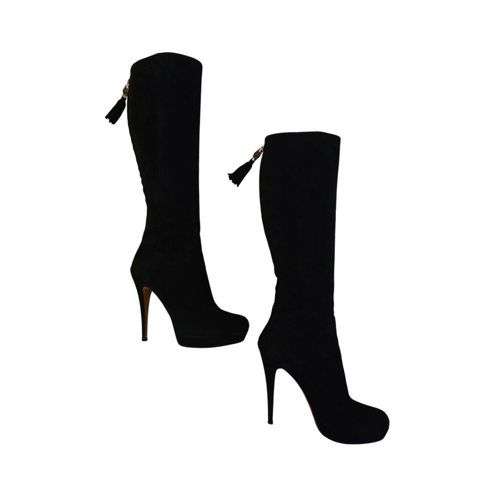 Gucci Black Suede Knee High Riding Platform Boots Bamboo Tassel Tall Heels 38 8 - Picture 5 of 10